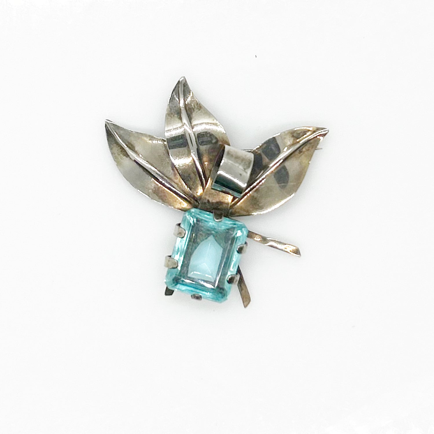 Dramatic Vintage Sterling Floral Brooch with Large Aqua Stone