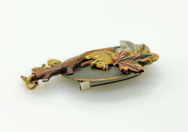 Charming Squirrel and Acorns Tri-Tone Vintage Brooch