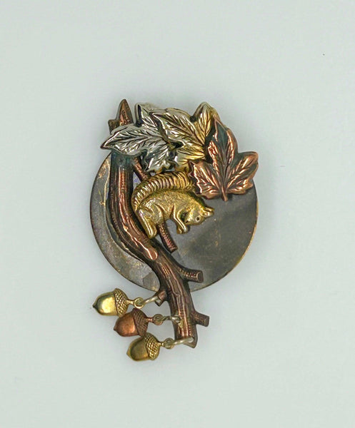 Squirrel and Acorns Tri-Tone Vintage Brooch