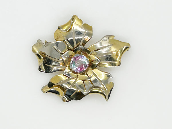 Vintage Unusual Flower Brooch with Multicolored Stone Center