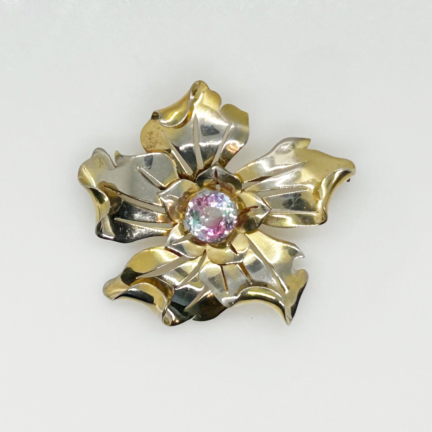 Vintage Unusual Flower Brooch with Multicolored Stone Center