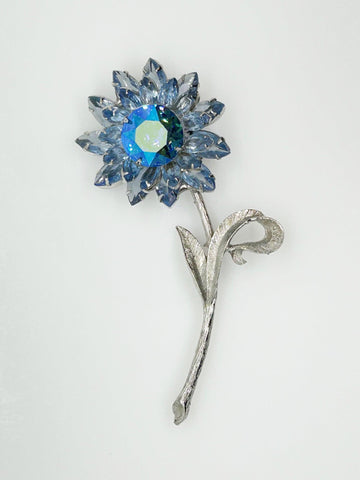 Super Sparkling Big Blue Floral Vintage Brooch