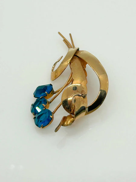 Striking Gold Filled and Oval Blue Faceted Vintage Flower Brooch