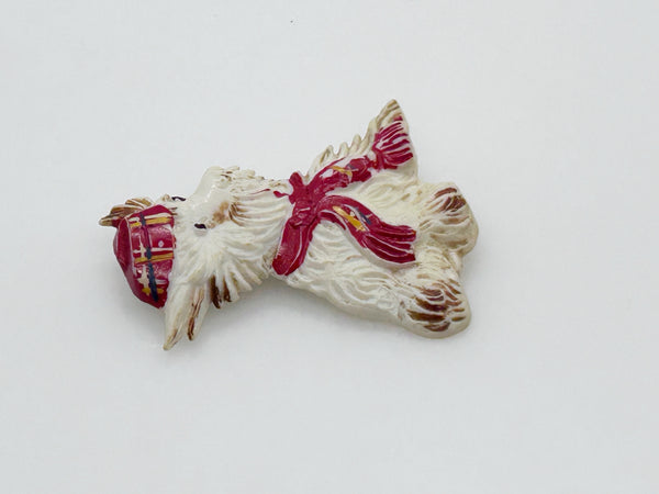 Vintage White Scottish Terrier Plastic Brooch, Plaid Scarf and Cap