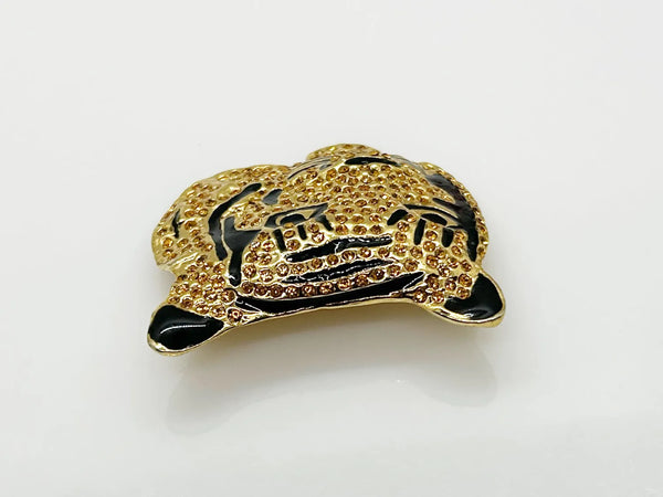 Sparkling, Expressive Gold and Black Tiger Face Brooch