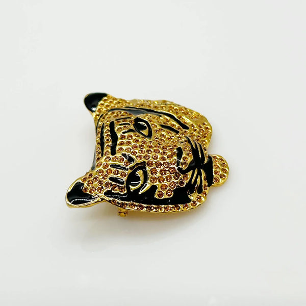 Sparkling, Expressive Gold and Black Tiger Face Brooch