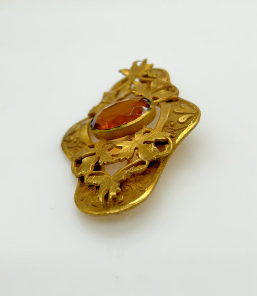 Victorian Style Brooch Pin With Large Oval Stone and Leaf Detail