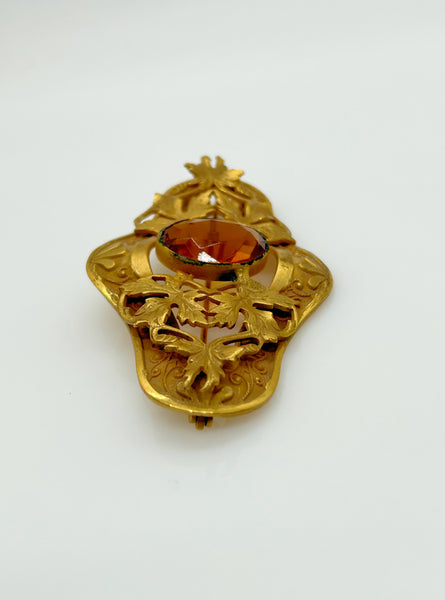 Victorian Style Brooch Pin With Large Oval Stone and Leaf Detail