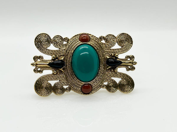 Vintage Etruscan Style Brooch with Green Oval Cabochon - Lamoree’s Vintage