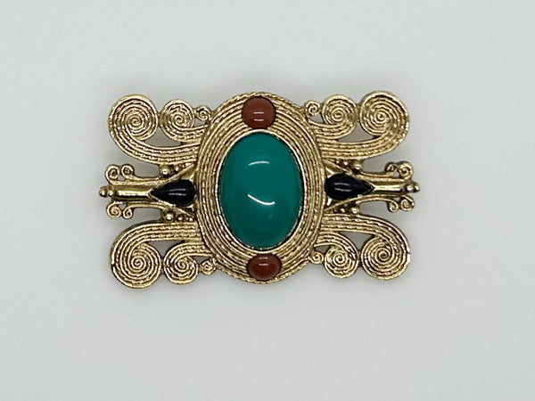 Vintage Etruscan Style Brooch with Green Oval Cabochon - Lamoree’s Vintage