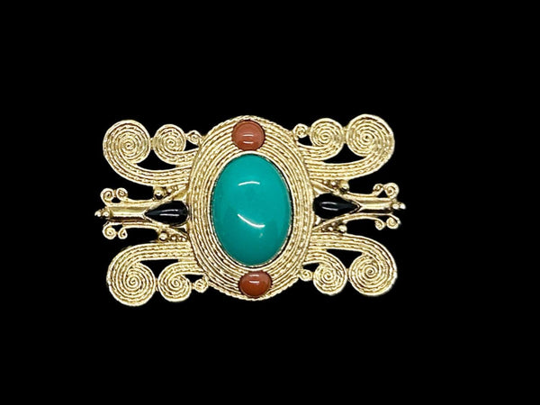 Vintage Etruscan Style Brooch with Green Oval Cabochon - Lamoree’s Vintage