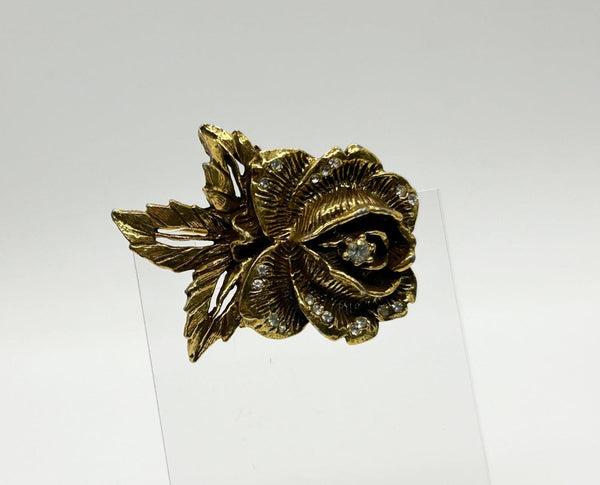 Vintage Goldette Rose Brooch with Rhinestones - Lamoree’s Vintage