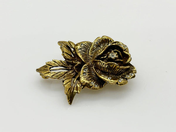 Vintage Goldette Rose Brooch with Rhinestones - Lamoree’s Vintage