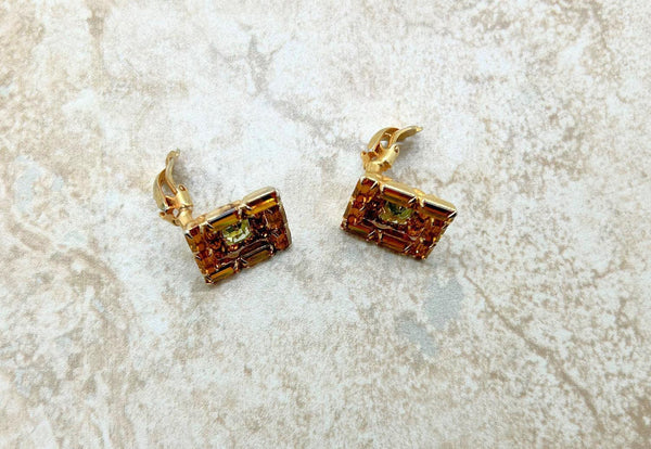 Vintage Kramer Layered Golden Square Rhinestone Earrings - Lamoree’s Vintage