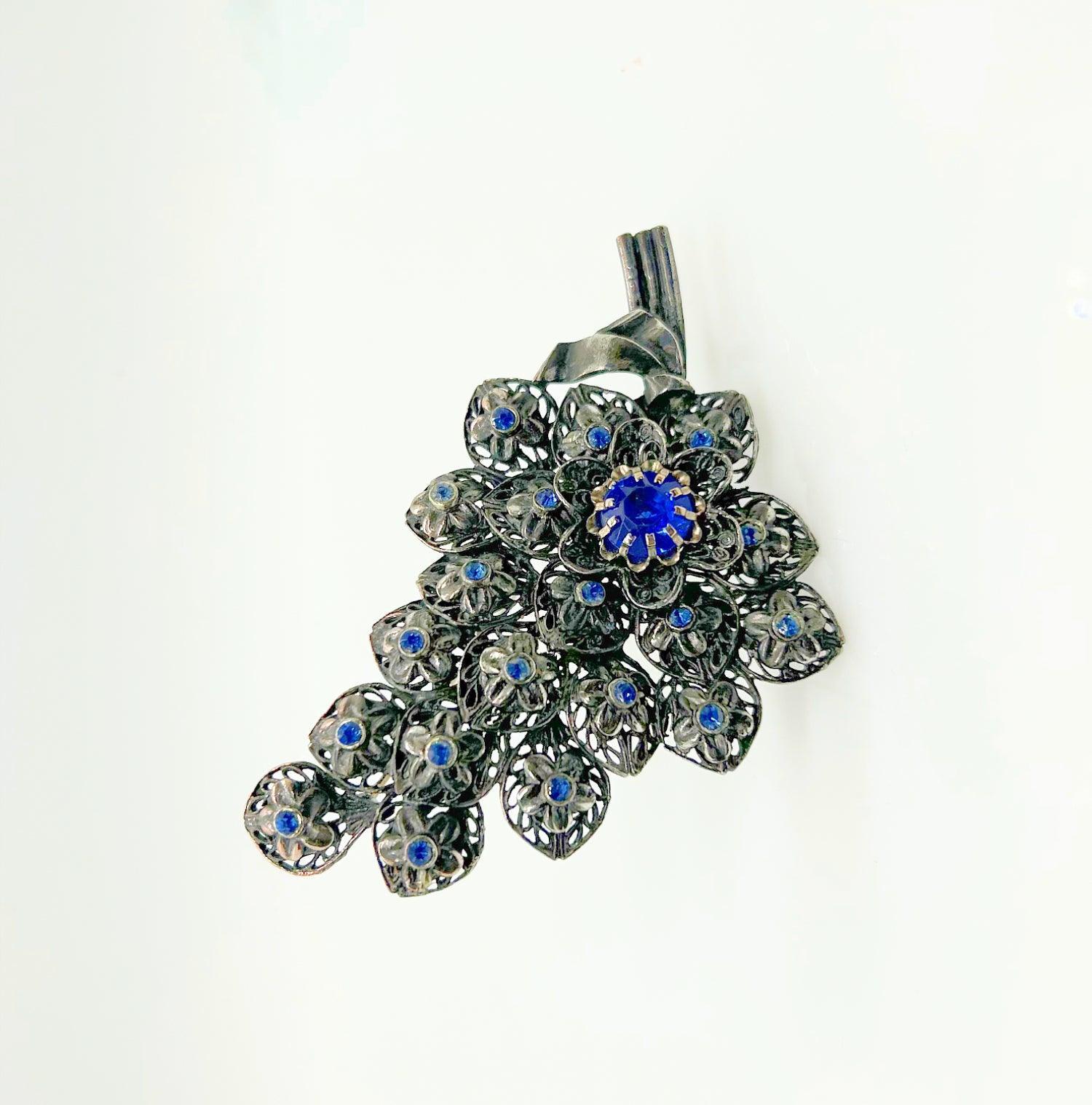 Vintage Pewter Tone Blue Rhinestone Floral Brooch - Lamoree’s Vintage