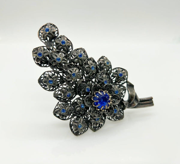 Vintage Pewter Tone Blue Rhinestone Floral Brooch - Lamoree’s Vintage