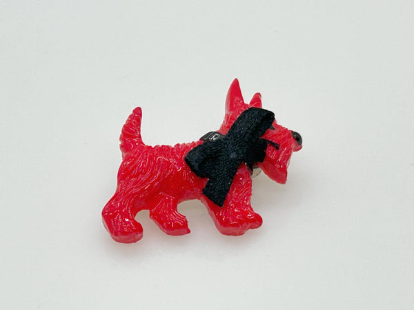 Vintage Red Plastic Scottie Dog with Black Fabric Bow - Lamoree’s Vintage