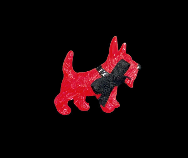 Vintage Red Plastic Scottie Dog with Black Fabric Bow - Lamoree’s Vintage