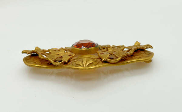 Victorian Style Brooch Pin With Large Oval Stone and Leaf Detail