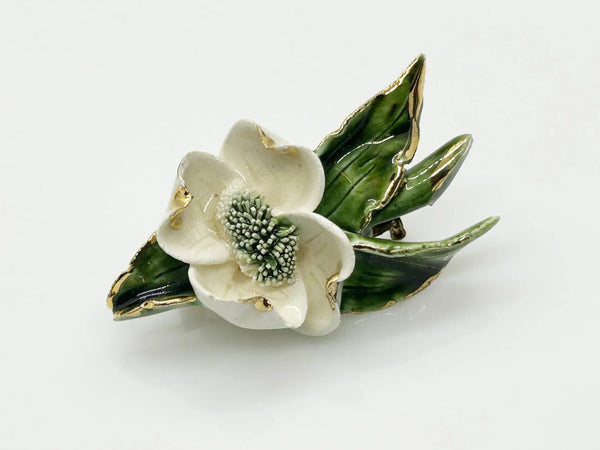 Vintage Enameled White Flower Brooch with Gold Tipped Petals