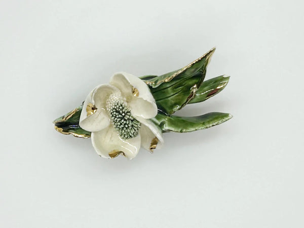 Vintage Enameled White Flower Brooch with Gold Tipped Petals