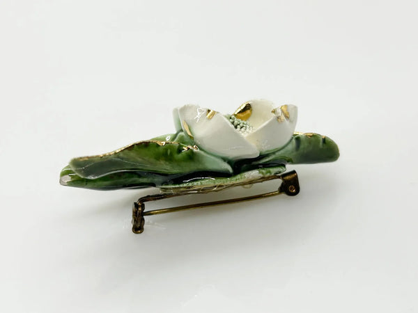 Vintage Enameled White Flower Brooch with Gold Tipped Petals