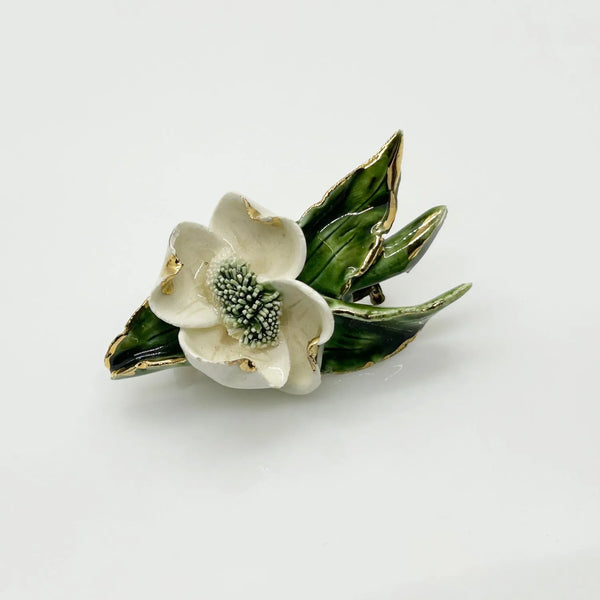 Vintage Enameled White Flower Brooch with Gold Tipped Petals