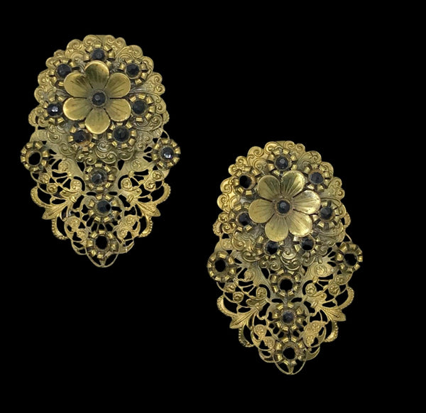 Antique Victorian Elaborate Dress Clips with Filigree and Black Stones