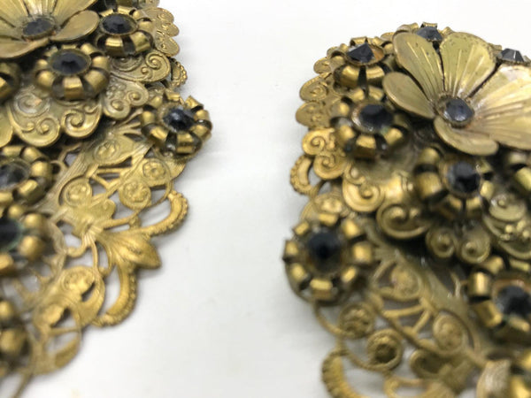 Antique Victorian Elaborate Dress Clips with Filigree and Black Stones