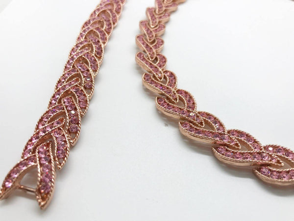 Glamorous Vintage Pink Rhinestone Braided Necklace with Matching Bracelet - Lamoree’s Vintage