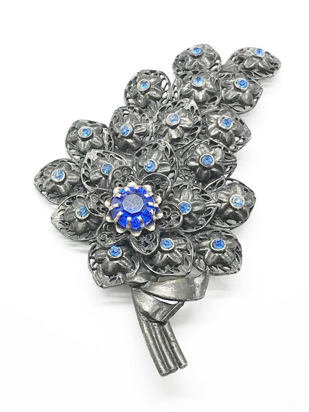 Vintage Pewter Tone Blue Rhinestone Floral Brooch - Lamoree’s Vintage